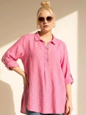 Sigrid Olsen Linen Button Front Popover Tunic 2X Boxy Oversized Heathered Pink